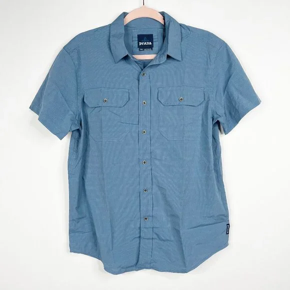 NWT prAna Cayman Shirt Small Blue Note Yarn Dye Melange Woven Check - Picture 2 of 16
